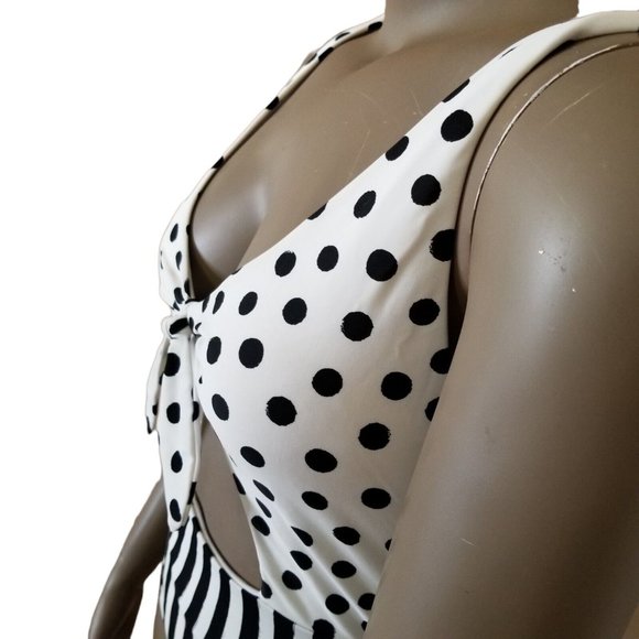 Pin-Up Polka Dot Striped Tie Front Keyhole Cheeky 1-Pc Swimsuit XL White Black - Picture 12 of 16